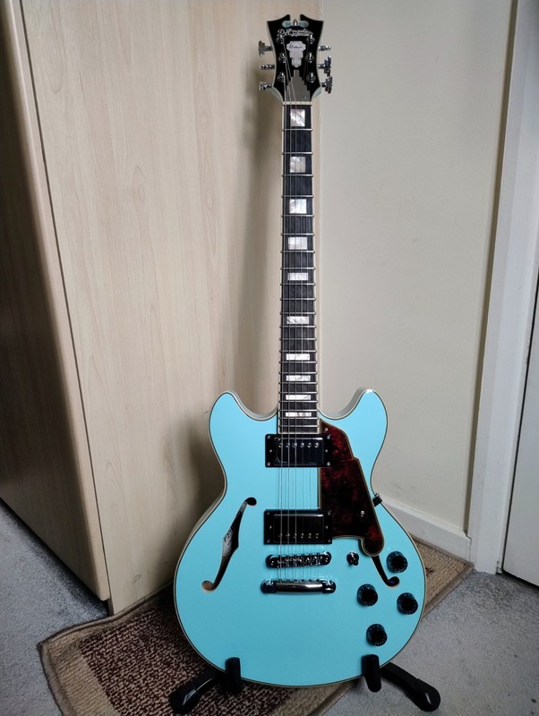 D’Angelico Premier Mini DC Sky Blue Semi-Hollow Electric Guitar