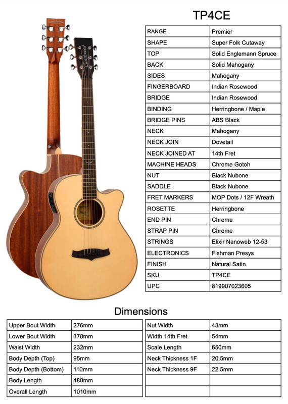 NEW Premier Guitar, High End Tanglewood Electro Acoustic Super Folk, Model TP4CE