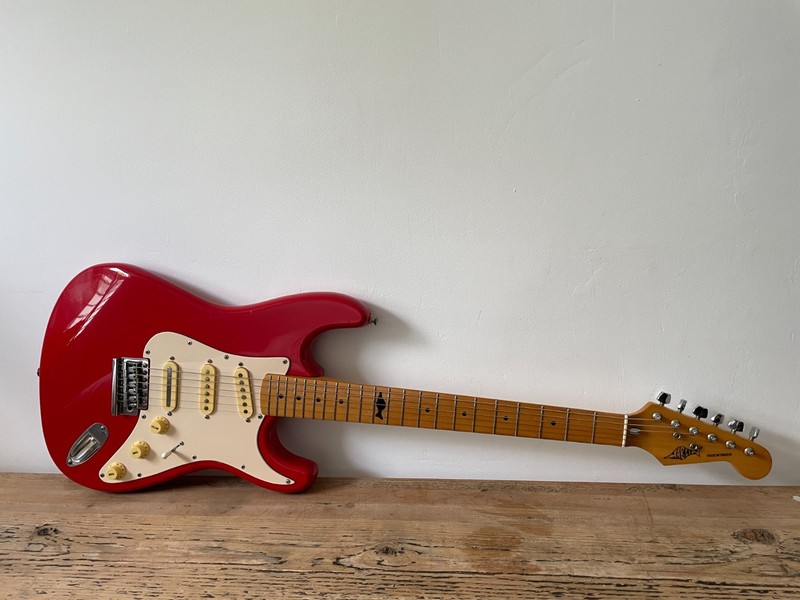 Vintage 1980s Marlin Sidewinder Electric Guitar Candy Red Maple Neck Strat Style